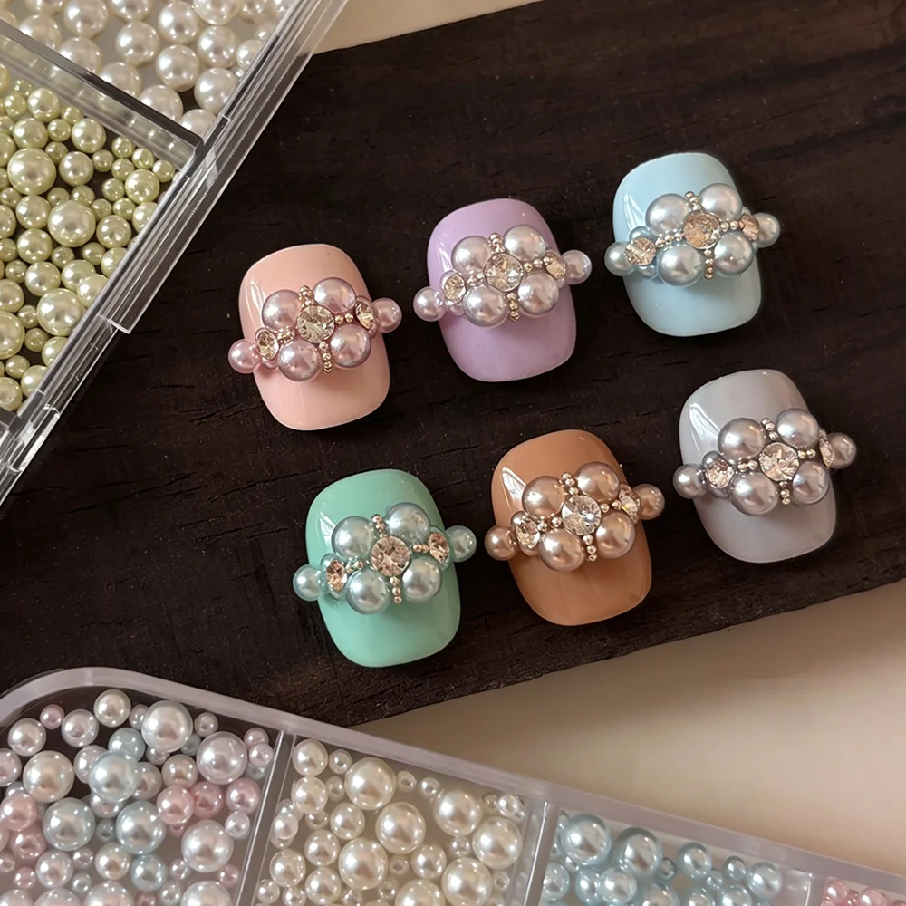12 Gitter 3D Hochglanz-Rundperlen Nagelcharms Gemischte Größen Dopamin-Farben Perlenperlen Nagelkunst-Dekoration DIY Maniküre-Teile – Detail 11