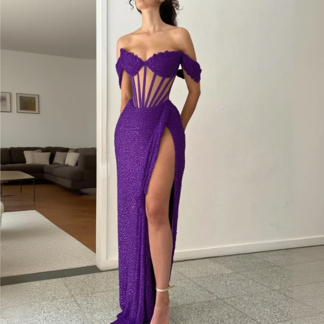 

Customized sequined off-the-shoulder side slit strapless lace evening dress for ladies, suitable for formal dance events.