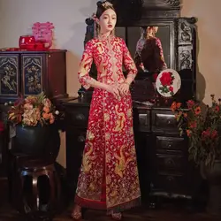 Red Embroidery Oriental Dragon Phoenix Qipao Women Satin Cheongsam Ancient Traditional Chinese Bride Wedding Dress Long Vestidos