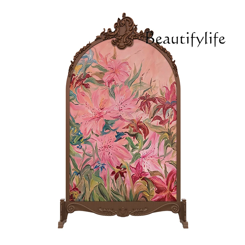 

French oil painting flower screen partition living room bedroom block entrance household solid wood carving flower seat screen