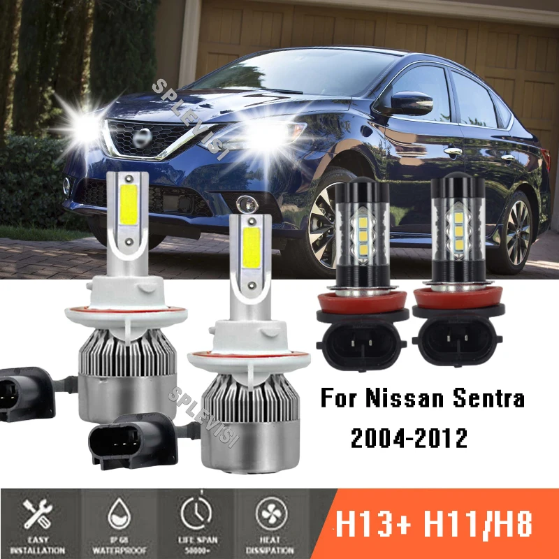 

LED White Headlight High/Low Beam fog Lights 6000K Bulbs Kit 4x For Nissan Sentra 2004-2012 2005 2006 2007 2008 2009 2010 2011