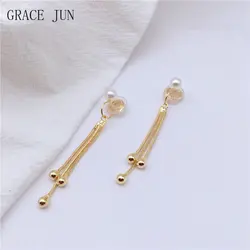 GRACE JUN Gold Color Pearl Clip on Earrings No Pierced Cuff Mosquito Coil Ear Clip Fashion Tassel Drop Earrings Cute Jewelry New