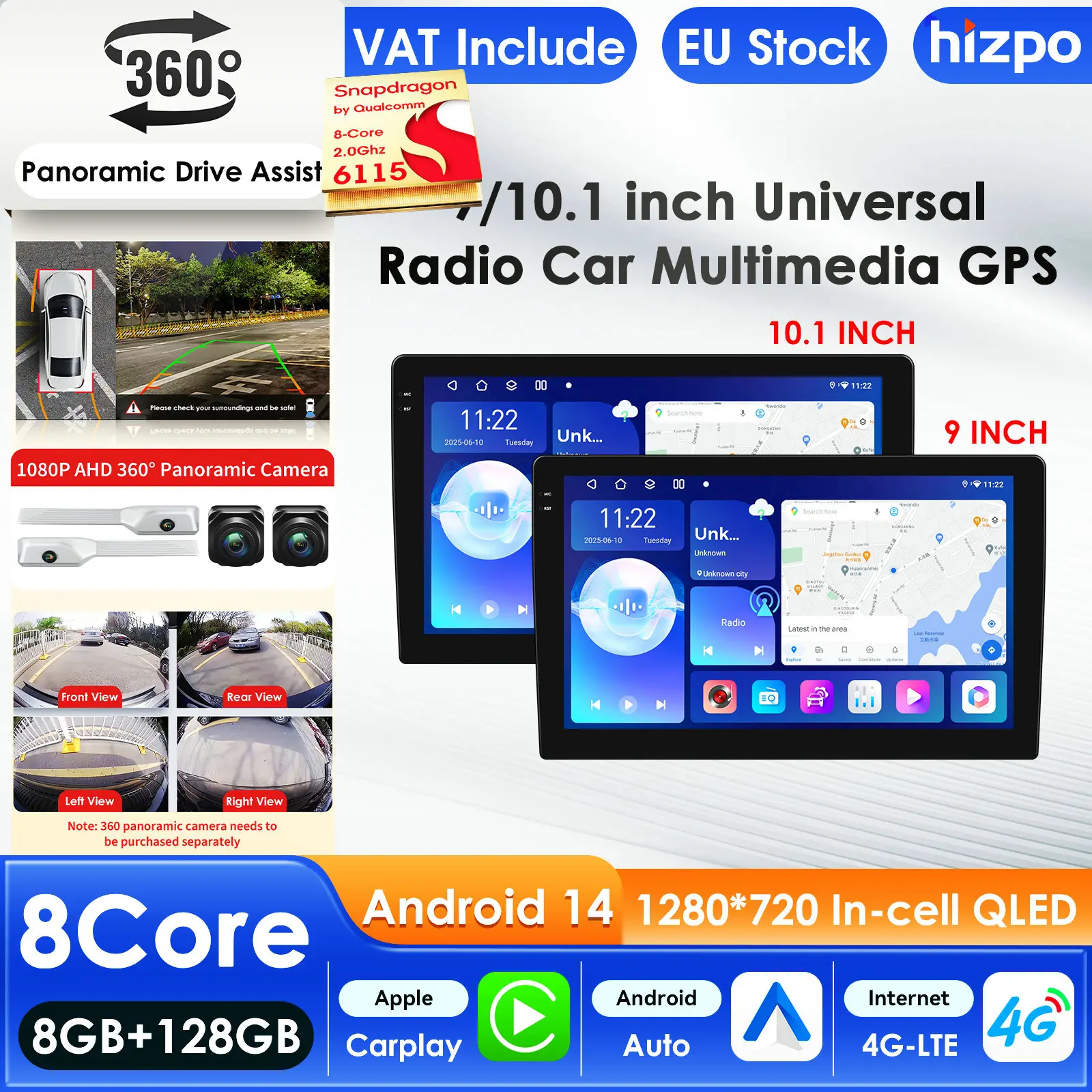 Hizpo 9 "Android 14 doble 2 DIN Radio de coche reproductor Multimedia estéreo GPS Navi Wifi 4GLTE SWC USB DVR cámara-AHD Carplay BTAudio