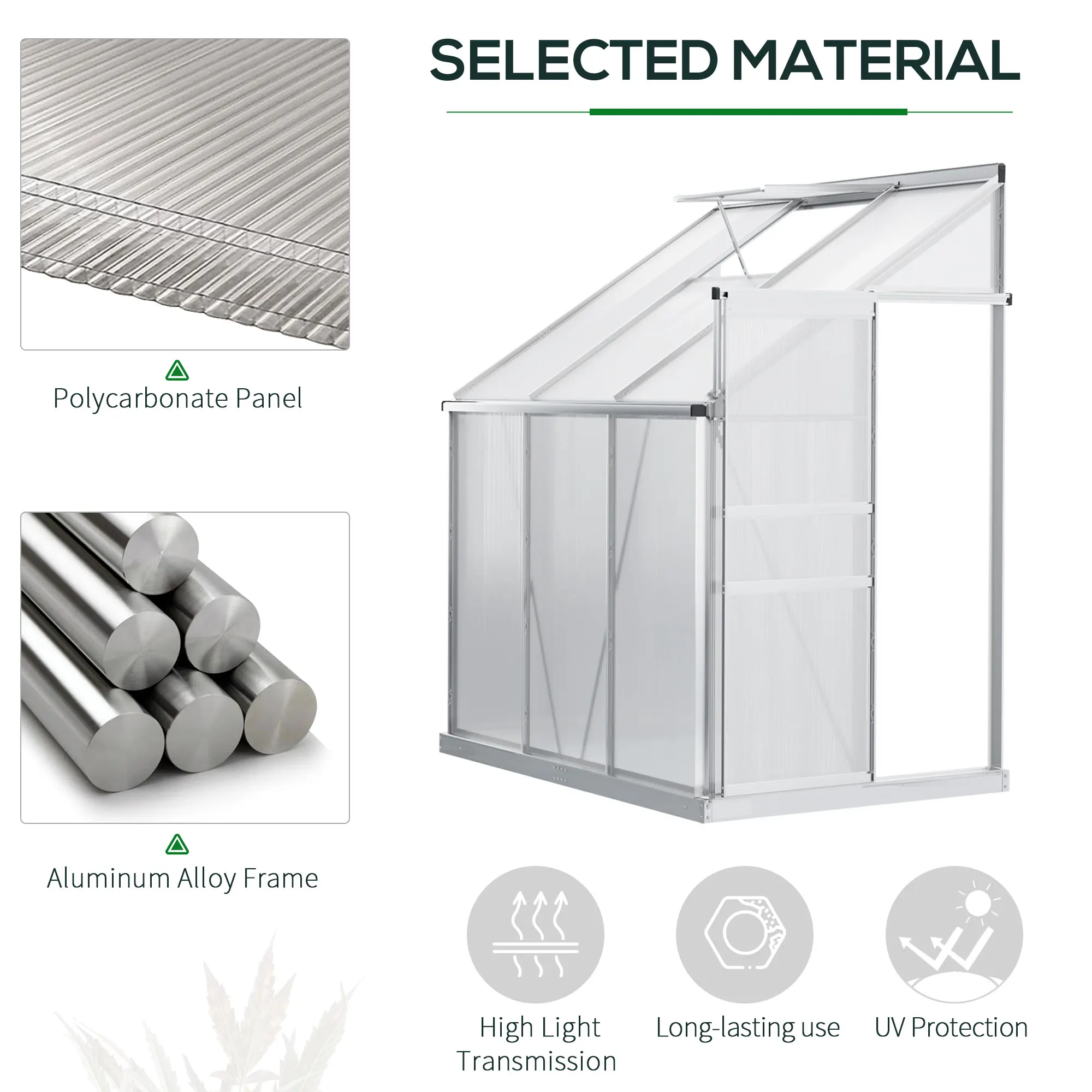 6 X 4ft Lean to Polycarbonate Greenhouse for Garden W/ Adjustable Roof Vent