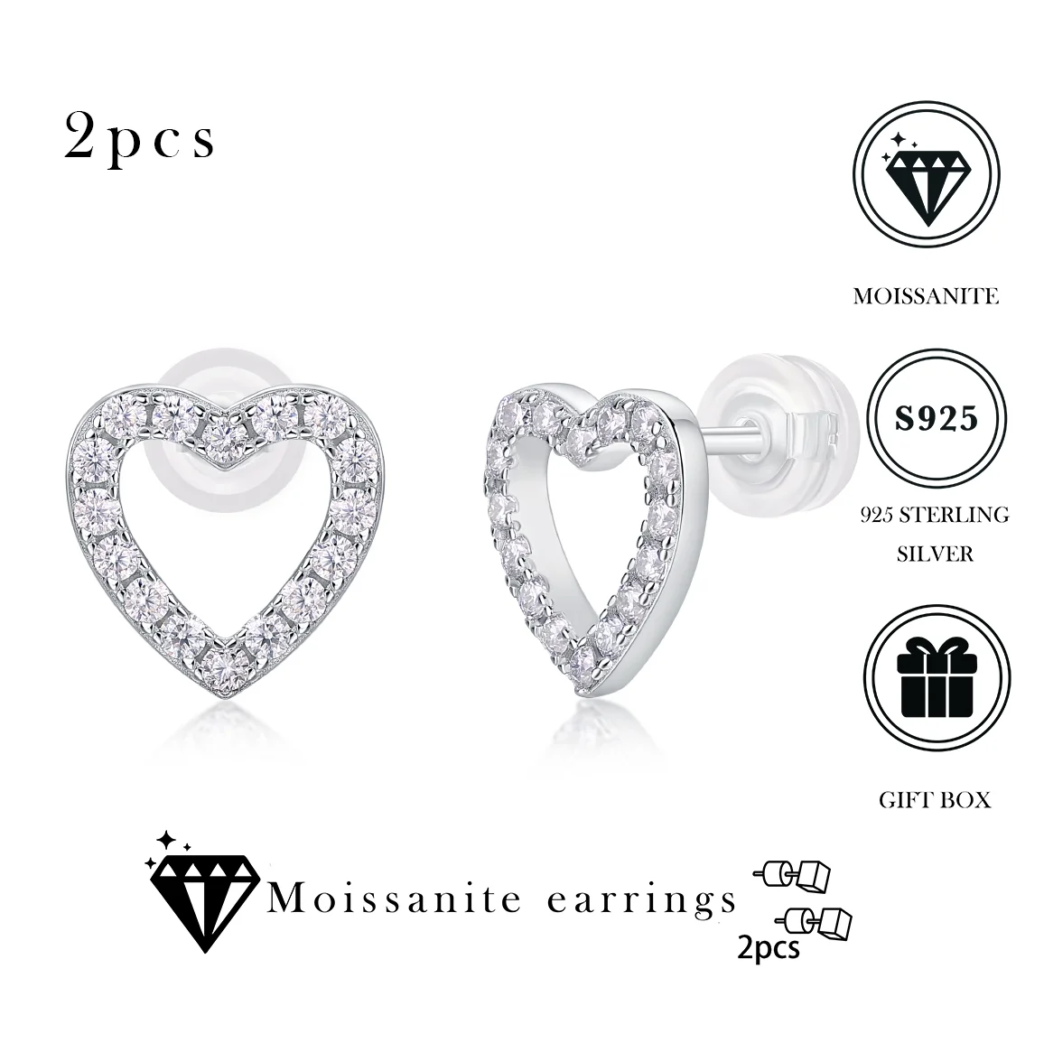 Boucles d'oreilles coeur en diamant Moissanite véritable pour femme, argent regardé 925, plaqué or blanc, bijoux de luxe, fiançailles