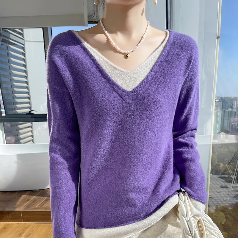 

2024 Autumn And Winter New Women's 100% Pure Cashmere V-neck Color Block Sweater Fake Two Piece Set Fashion Solid Color Pullover