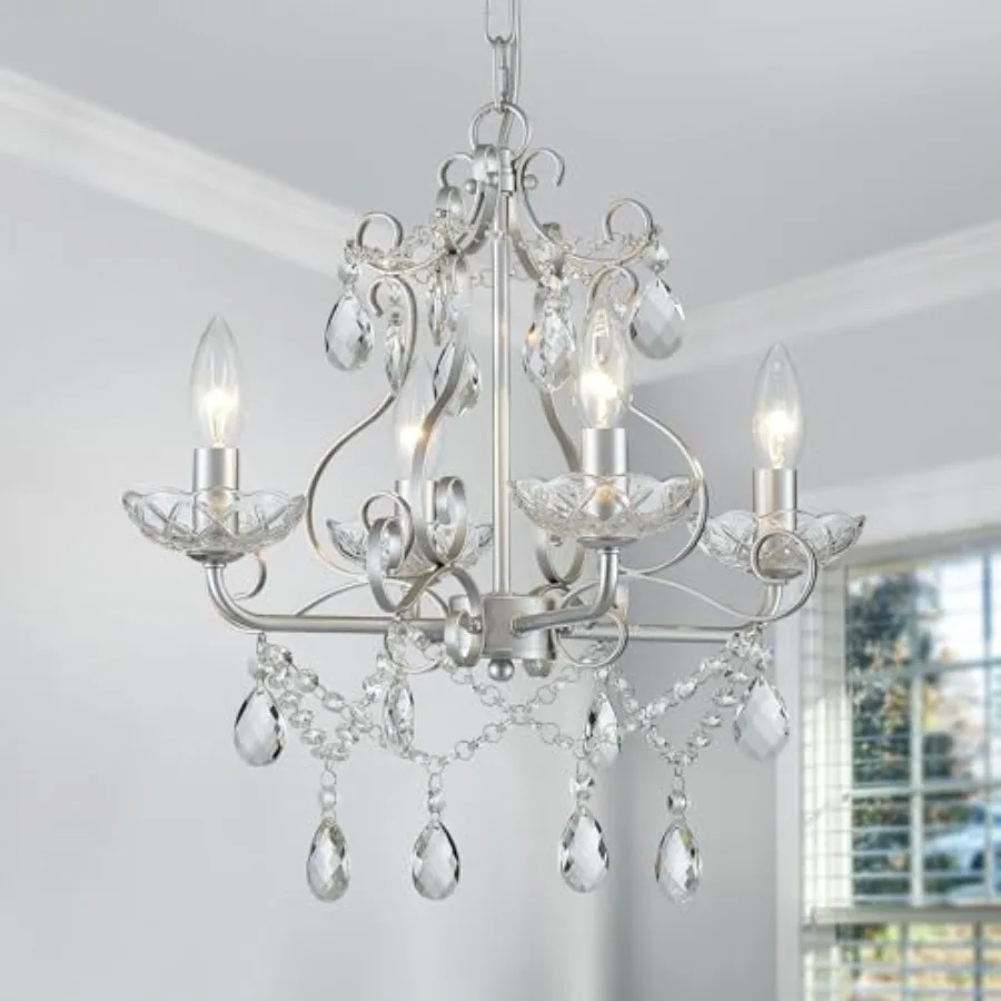 

Crystal Candle Chandelier Pendant Flushmount Ceiling Light for Bedroom Hallway Bar Kitchen Bathroom, Silver Metal, Modern Desig