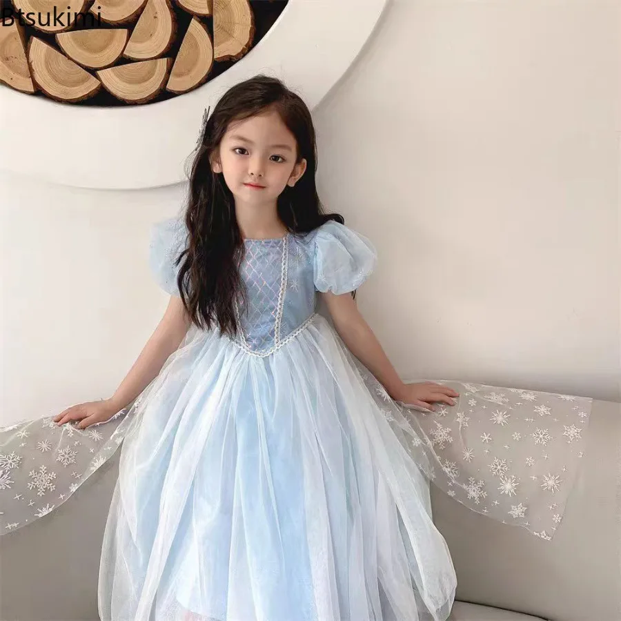 New 2026 Baby Girl's Elegant Blue Princess Tulle Dress Girls Birthday Halloween Christmas Party Prom Gown Kids Show Summer Dress
