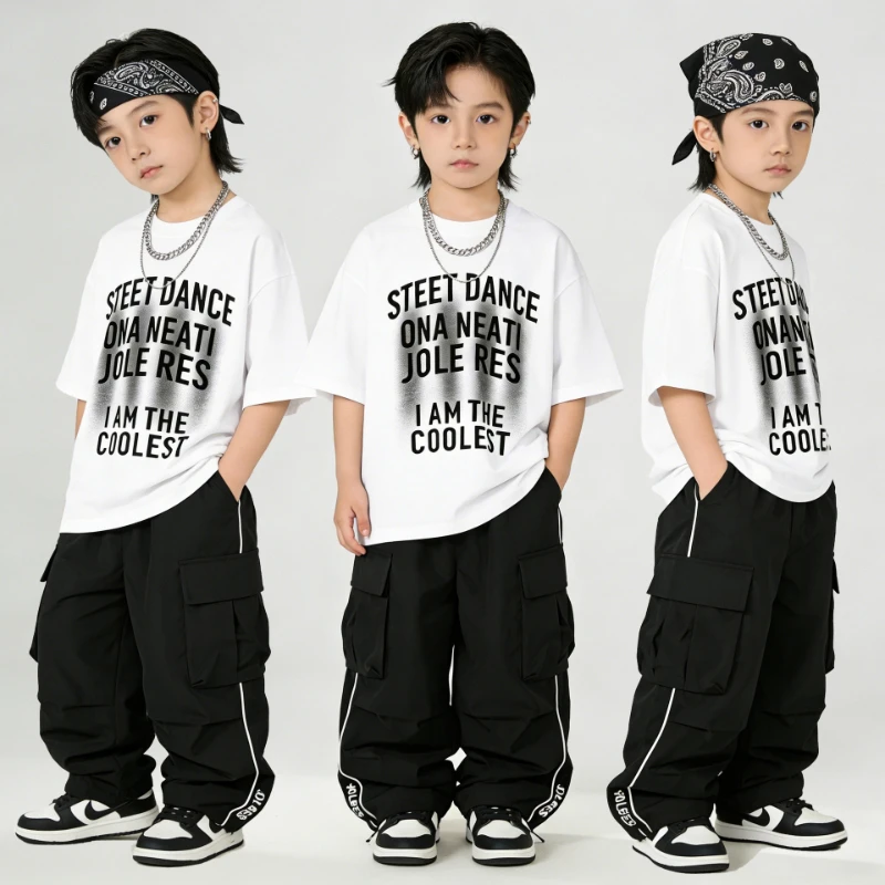

Hip Hop Boys Clothing Set White Long Sleeve T Shirt Black Baggy Pants Cool Streetwear Outfit Performance Modern Dancing Costumes