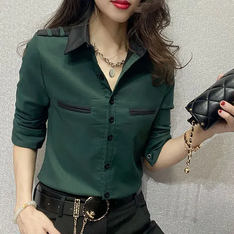 Office Lady Solid Color Work Wear Shirt Spring Autumn Long Sleeve Female Clothing Pockets Spliced Stylish Single-breasted Blouse