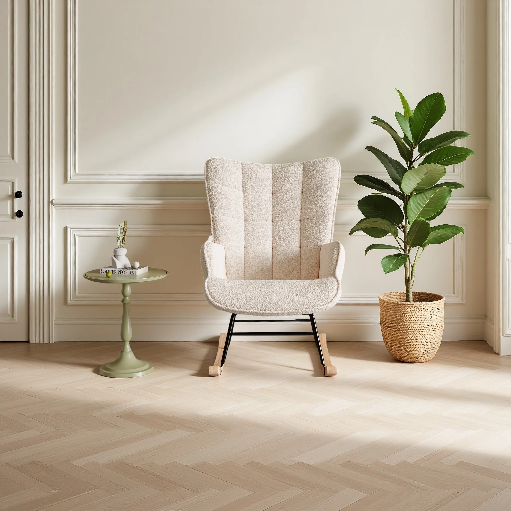 Fauteuil de détente Superaly pour chambre et salon, chaise à bascule rembourrée, chaise balançoire, avec dossier à carreaux, velours Teddy, beige