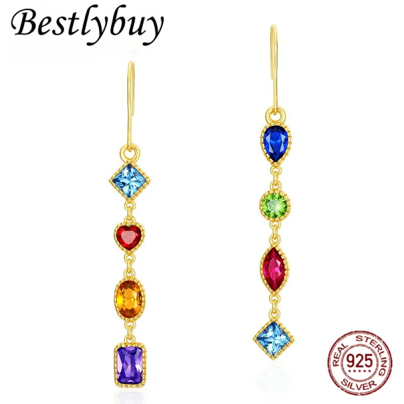 

Japanese Light Luxury 925 Sterling Silver Jewelry Retro Fashion Colorful Gemstone Hanging Earrings Women's Gift