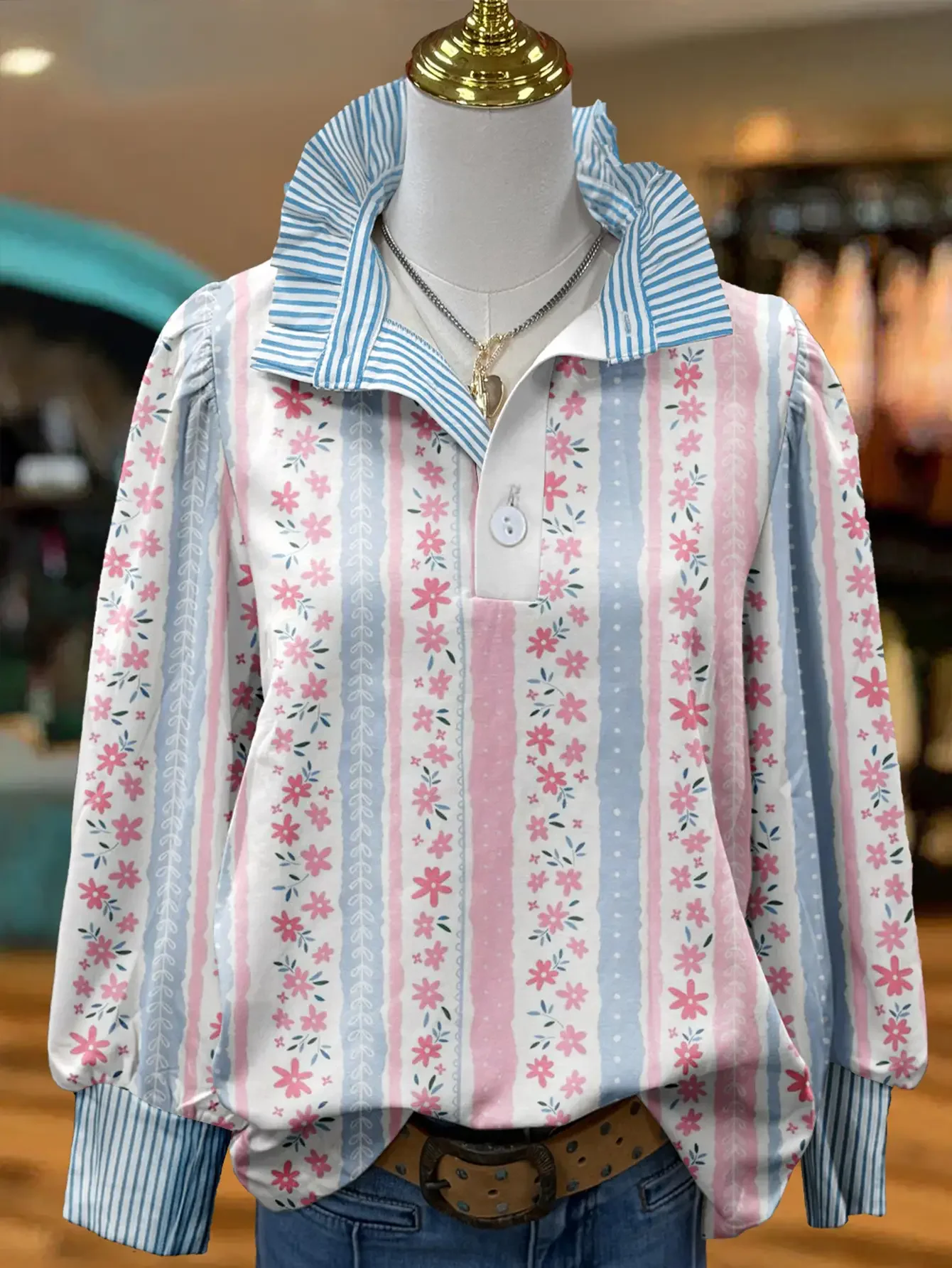 Christmas Women's Top Spring and Autumn Winter Women's Stand up Collar Long Sleeve Shirt, lapel, printed shirt