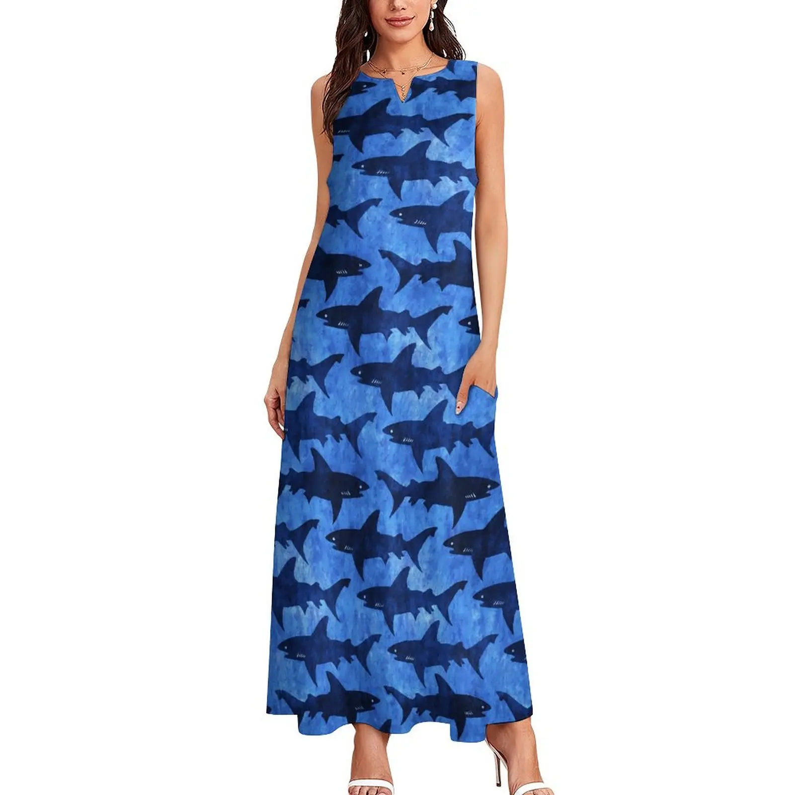 Blue Sharks Dress Animal Print Vintage Maxi Dress Sleeveless Graphic Bohemia Long Dresses Street Fashion Oversize Clothing