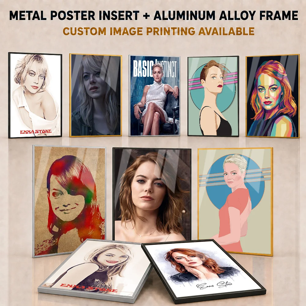 Emma Stone Framed Metal Poster Personalized Bold Dramatic Celebrity Illustration Wall Art Made For Living Room Cinema Fan Gift