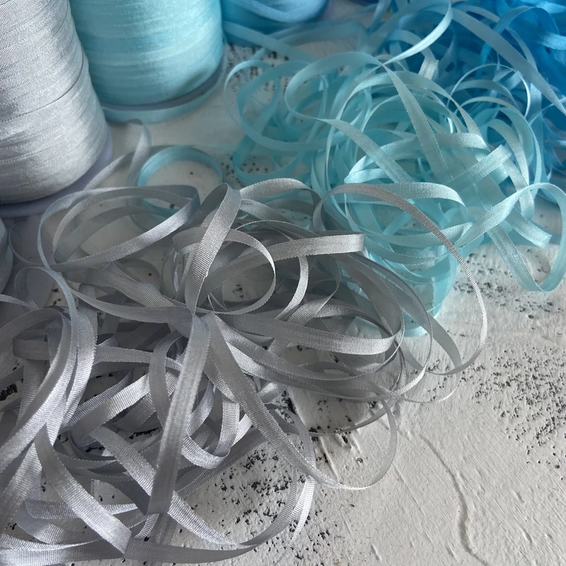 New 4mm 50M Silk Ribbon Set  for Embroidery Blue and sliver