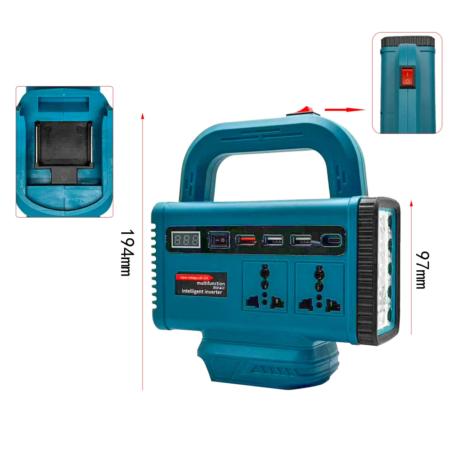 Lithium / Inverter DC18V To 220V AC LED Work Light For BL1830 BL1840 Portable For Power Station For Camping Tools