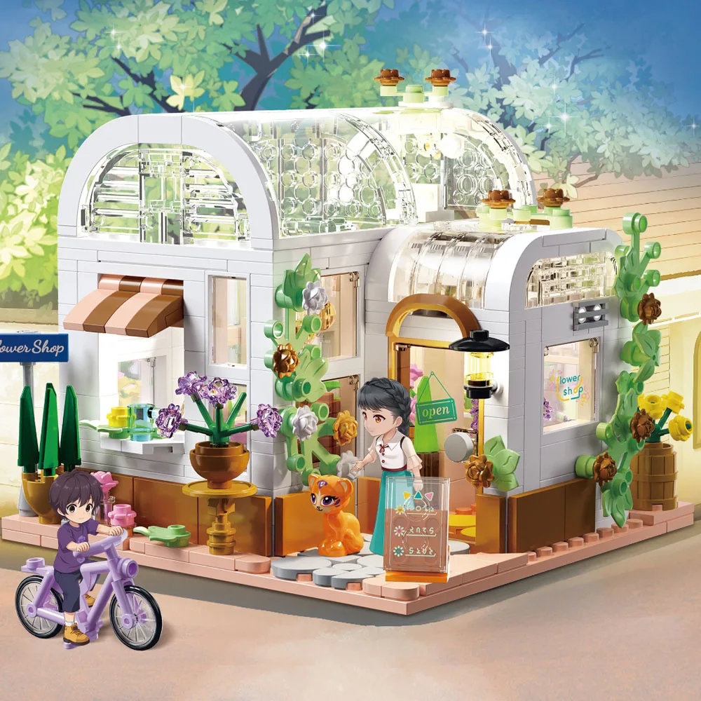 NEW MOC Flower Shop City Street View Creative House Flower Store Architecture Building Block Bricks LED Light Sets Toys Girls