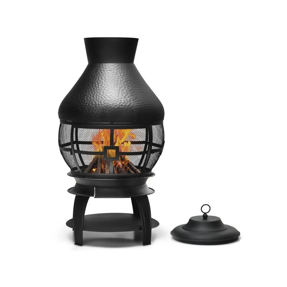 

Heavy Duty Fireplace Chiminea Wooden Fire Pit with 2-Piece Log Grate, Premium Rain Cap&Fire Poker, 360°Fire Retardant Mesh Cover