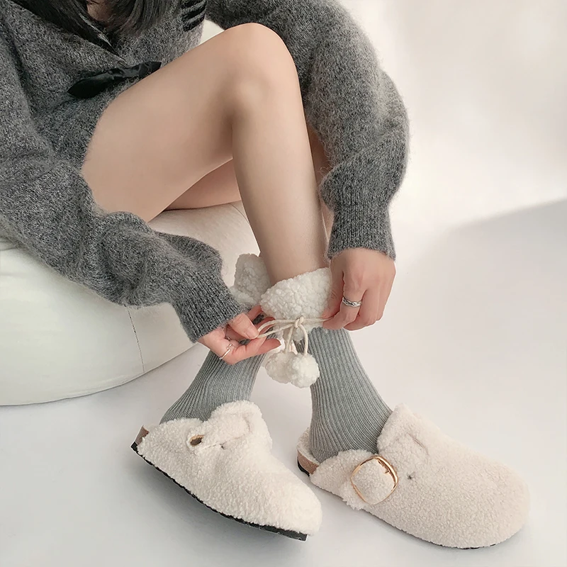 Tube Socks Women's Pure Color Plush Cute with Tassel Fur Ball Thickened Warm Leg Shaping Autumn  Winter Lambswool Simple Fashion