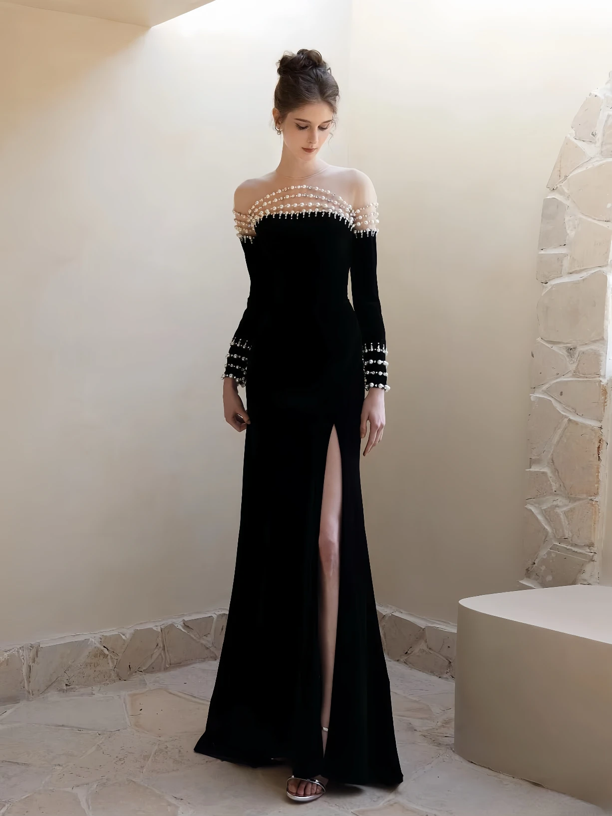 

Elegant Black Prom Dresses Long Sleeves Sweetheart Pearl Off The Shoulder Floor Length Formal Occasion Wedding Evening Gowns