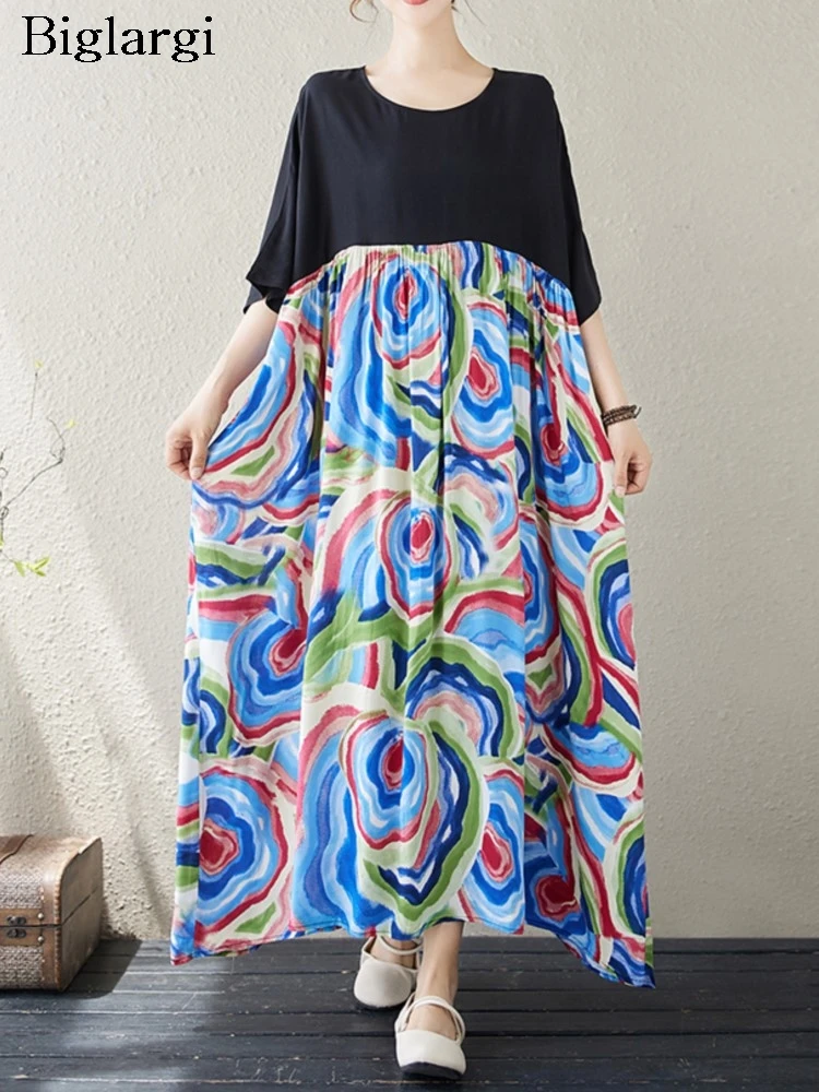 

Oversized Summer Long Dress Women Graffiti Print Patchwork Fashion Loose Ruffle Ladies Dresses Casual Pleated A-Line Woman Dress