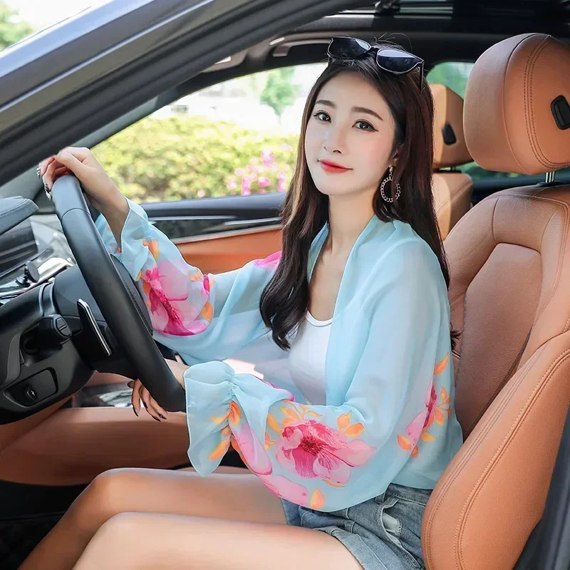 2021 New Summer Chiffon Veil Shawl Women Sun Protection Clothing Long Sleeves Anti-UV Jacket Cover Up Chiffon Coverup Swimwear