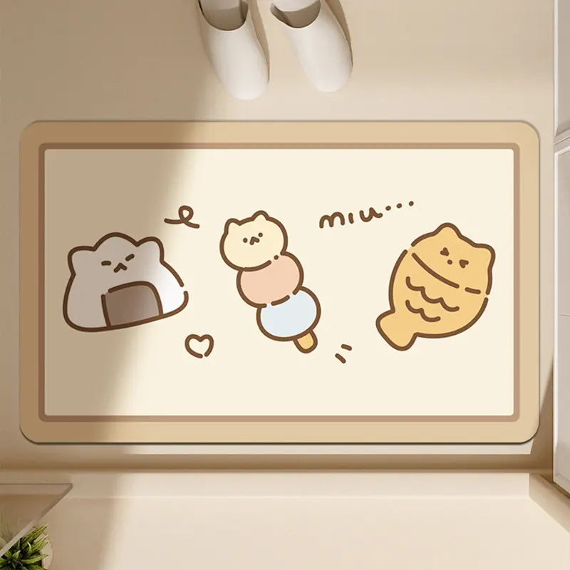 VIKAMA Kawaii Line Art Cat Snack Bath Mat, Cream Diatom Mud Quick Dry Bathroom Rug, Non Slip Absorbent Washable Door Mat
