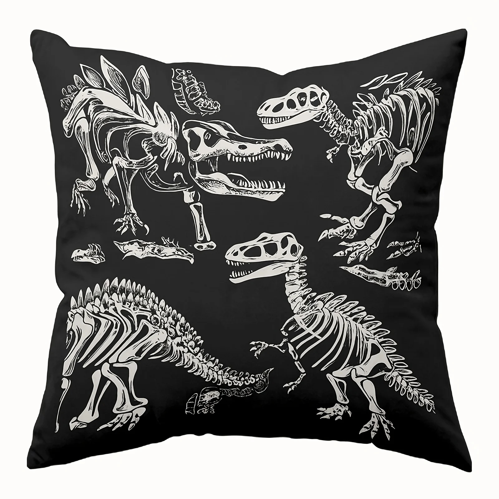 Dinosaur Skeleton Pillow Cover 18x18 Inch Black White Line Art Retro Science Decor Cushion Case Zipper Machine Washable