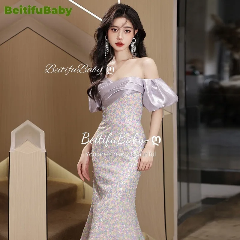 BeitifuBaby Elegant Prom Dresses for Women 2024 Off The Shoulder Strapless Bow Sequins Skirts Banquet Gown Mermaid Evening Dress