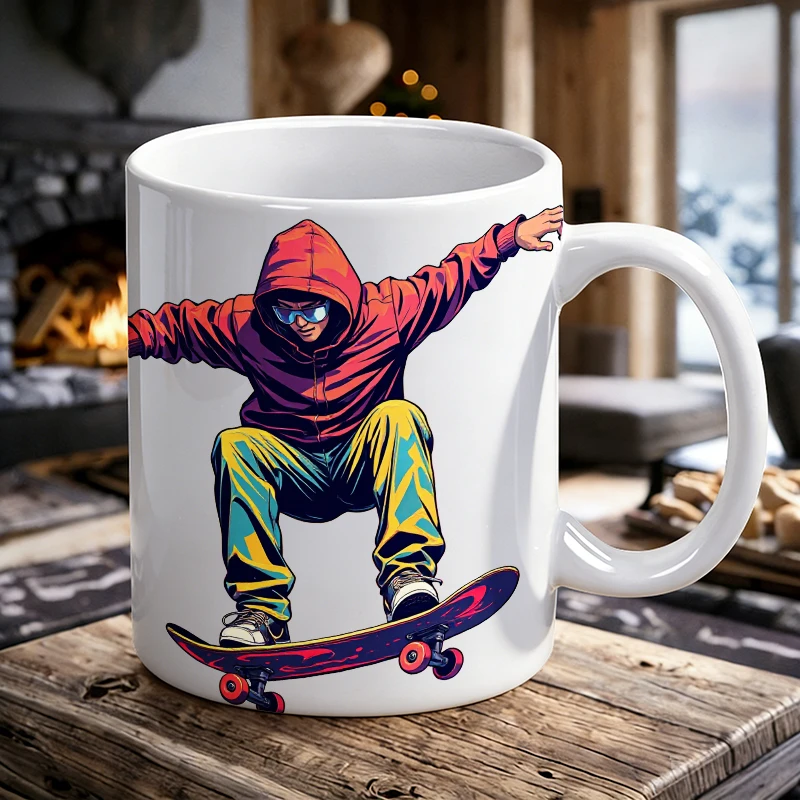 

Retro skateboard illustration ceramic mug, coffee mug, milk cup, office tea cup, drinking cup, gift for friends, fade-resistant