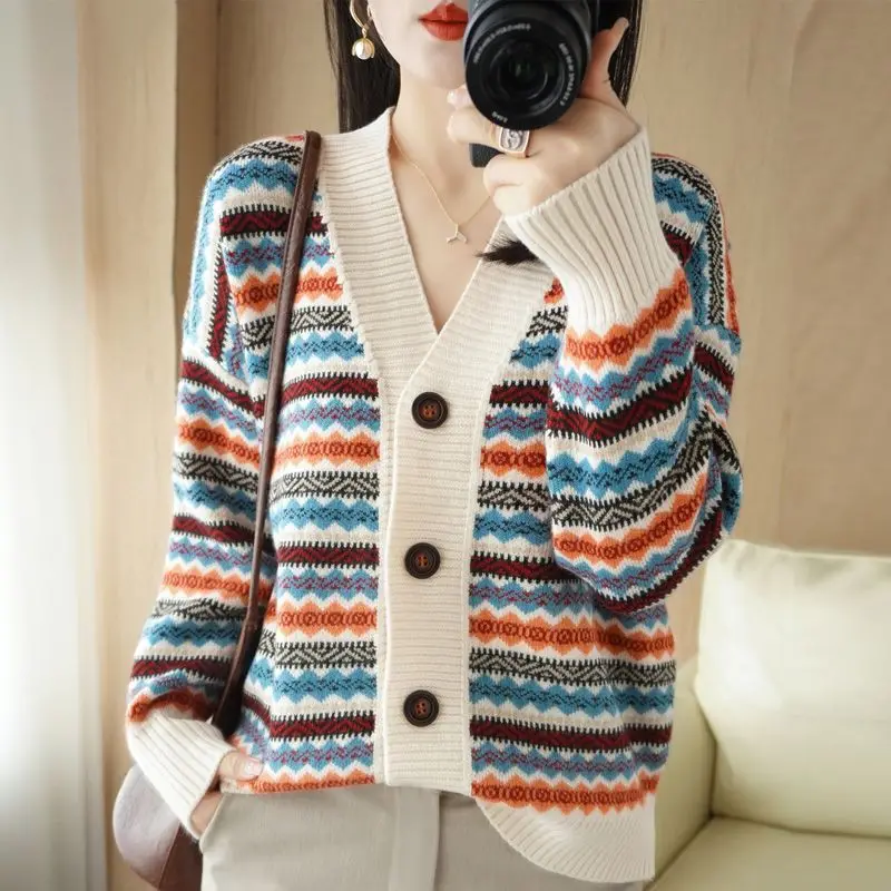 Women Autumn and Winter New Fashion Vintage V-Neck Knitwear Cardigan Color Striped Button Splicing Versatile Long Sleeves Coat