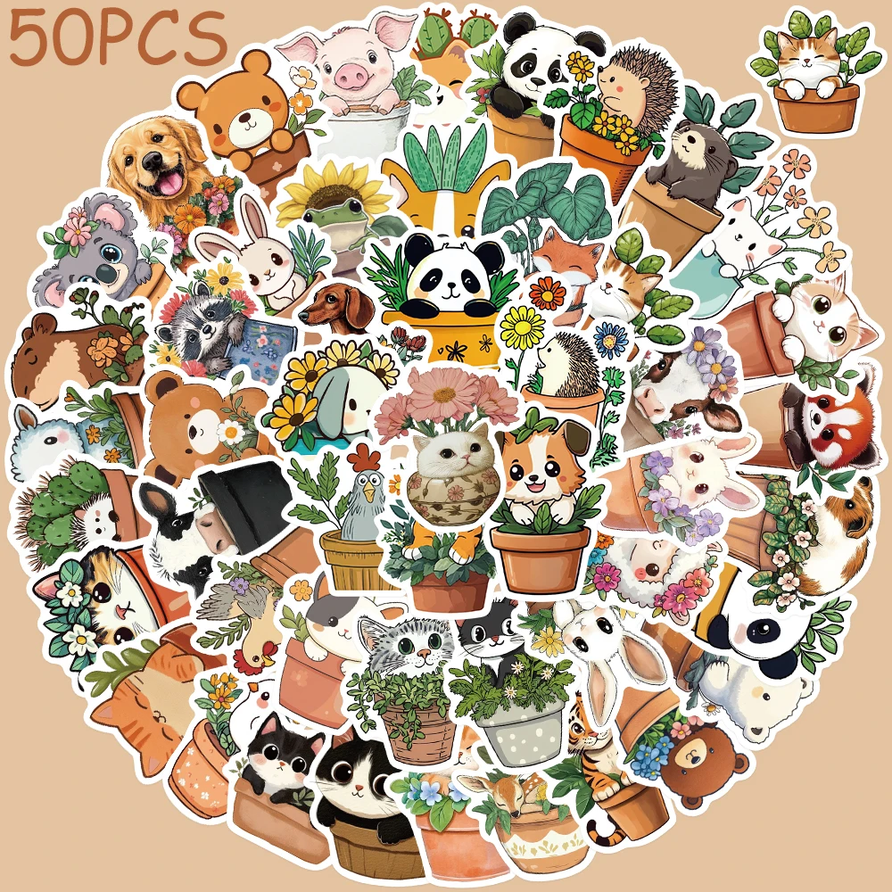 50pcs Cartoon Cute Flower Pot Animals Stickers Decals For Phone Scrapbook Luggage Guitar DIY Aesthetic Stickers Creative Gifts