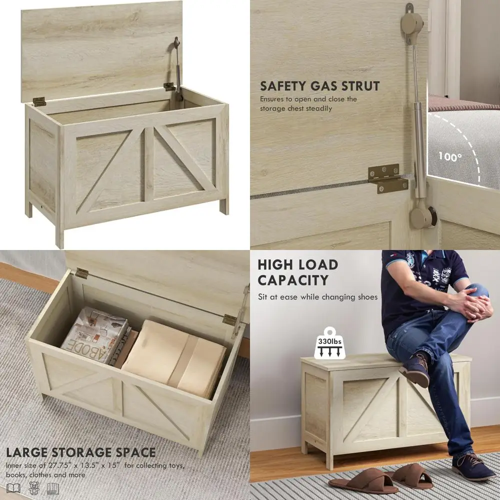 

30" farmhouse-style storage bench with lift-top and safety hinge for bedroom or entryway
