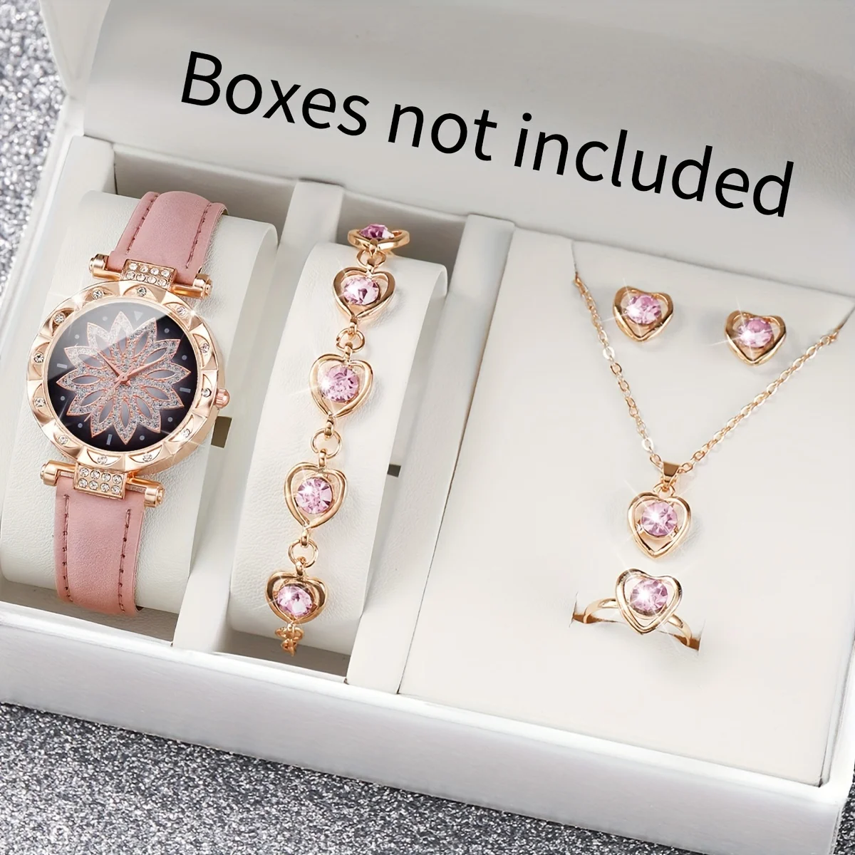 

6pcs/set Women's Watch Elegant Rhinestone Flower Quartz Watch Analog PU Leather Wrist Watch & Jewelry Set, Gift For Mom Her