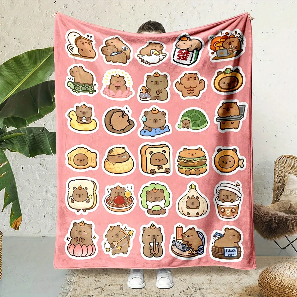 Foodie Style Bread & Capybara Cartoon Print Flannel Throw Blanket - Soft, High-Quality Digital Print, Non-Shedding, Reversible A