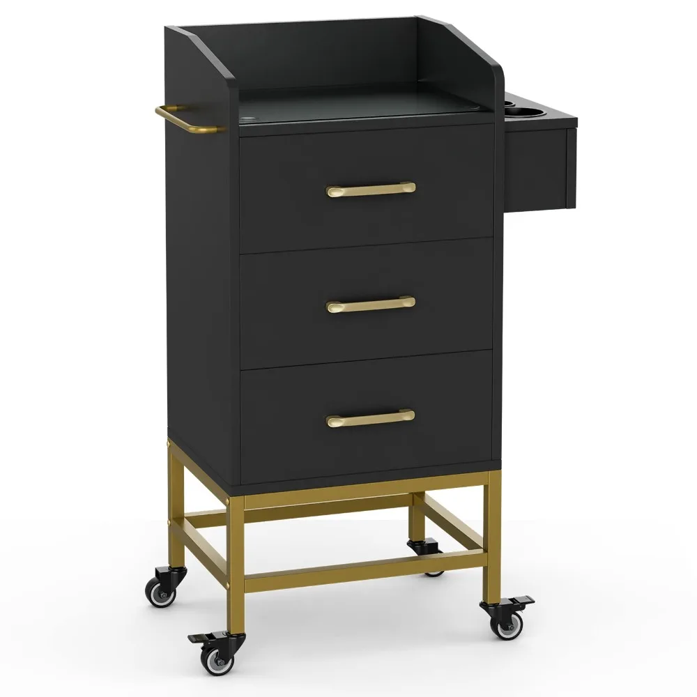 Beauty Salon Storage Trolley Cart, Glass Top Hair Salon Station Cabinet with Dryer Holder, Lockable Rolling Wheel