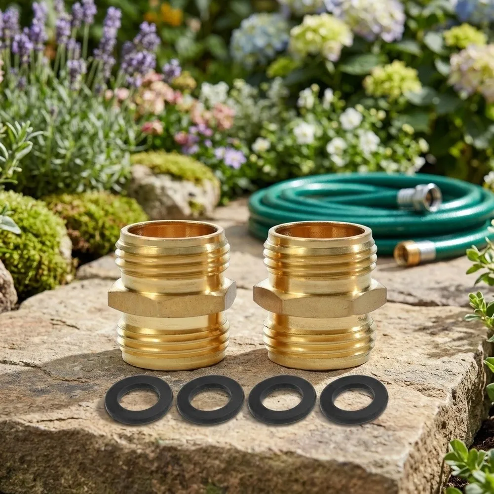 Brass Garden Hose Adapter Set 2 Pieces 3/4 Inch Double Male Connectors for Secure Connection of Standard Garden Hoses