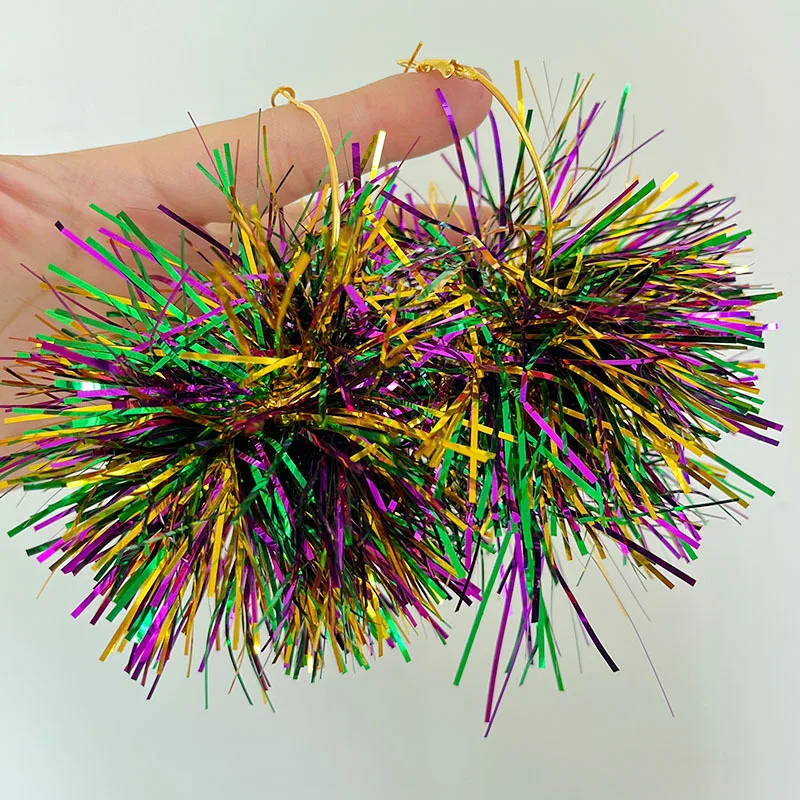 St. Patrick's Gold Purple Green Mardi Gras Carnival Earrings Big Confetti POM POM Ribbon Circle Hoop Jewelry Gifts