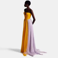 High End Mixed Color Long Evening Dresses 2023 Fashion Gold and Lavender Pleated Organza Formal Party Dress Unique Evening Gowns