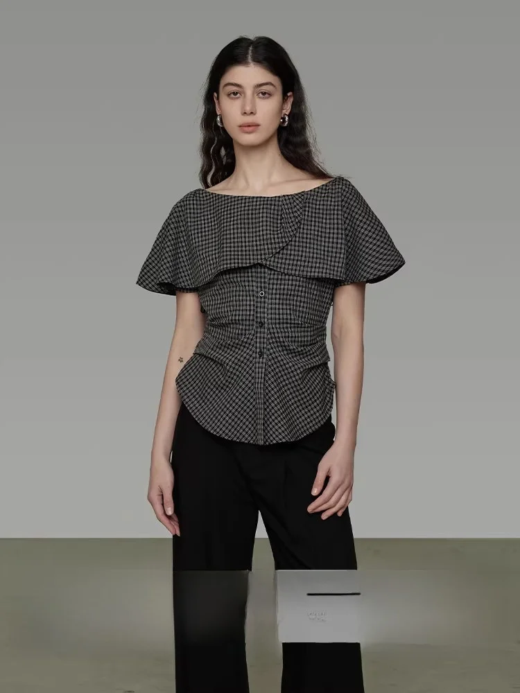 

Retro Plaid Lace Trim One Shoulder Shirt Women's Summer New Lazy Waist Inward Top Comfortable Breathable Loose Fit Button Detail