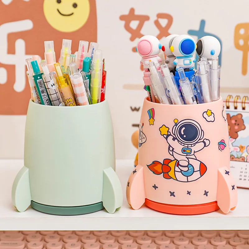 Creative Little Rocket Plastic Pencil Holder with Sticker Display Office Supplies Desk Accessories Durable Stationery Organizer