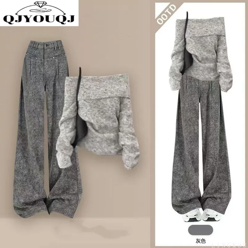 

Grey Women's Set with Spring and Autumn Temperament One Shoulder Knitted Sweater Slimming Sweater Casual Pants Two-piece Set