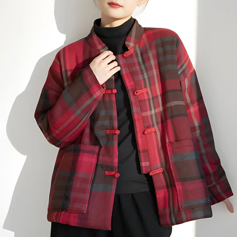 

Повседневная винтажная женская хлопковая верхняя одежда, женская классическая куртка в клетку с одним пуговиком, зимние теплые стеганые пальто с длинными рукавами