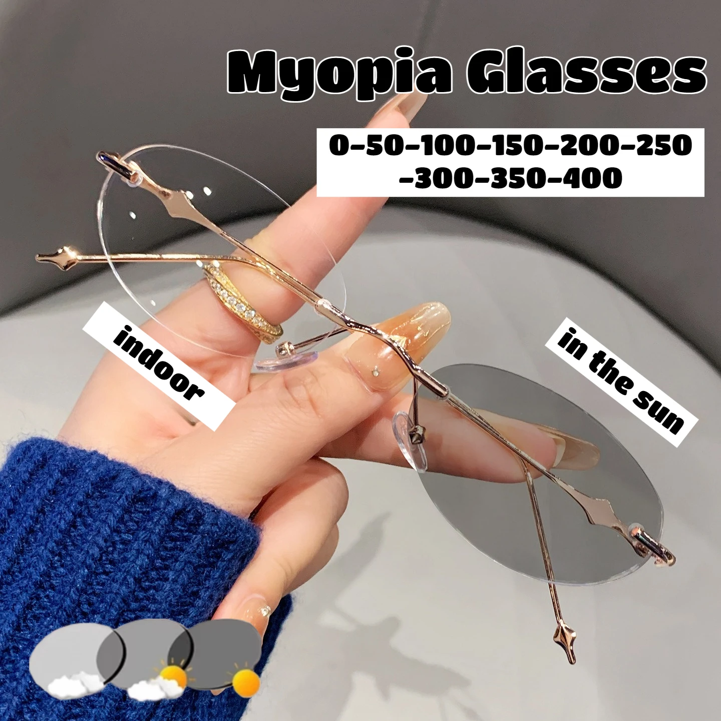 

Unisex Fashion Frameless Photochromic Myopia Glasses New Style Light-Reducing Glasses Outdoor Photochromic Sunglasses To -4.0