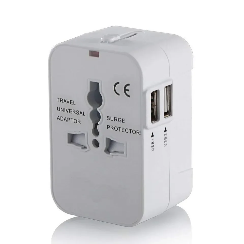 1 stuks reisadapter met 2 USB-oplaadpoorten, dubbele USB-oplader, wereld alles-in-één universele reisadapter, wandoplader