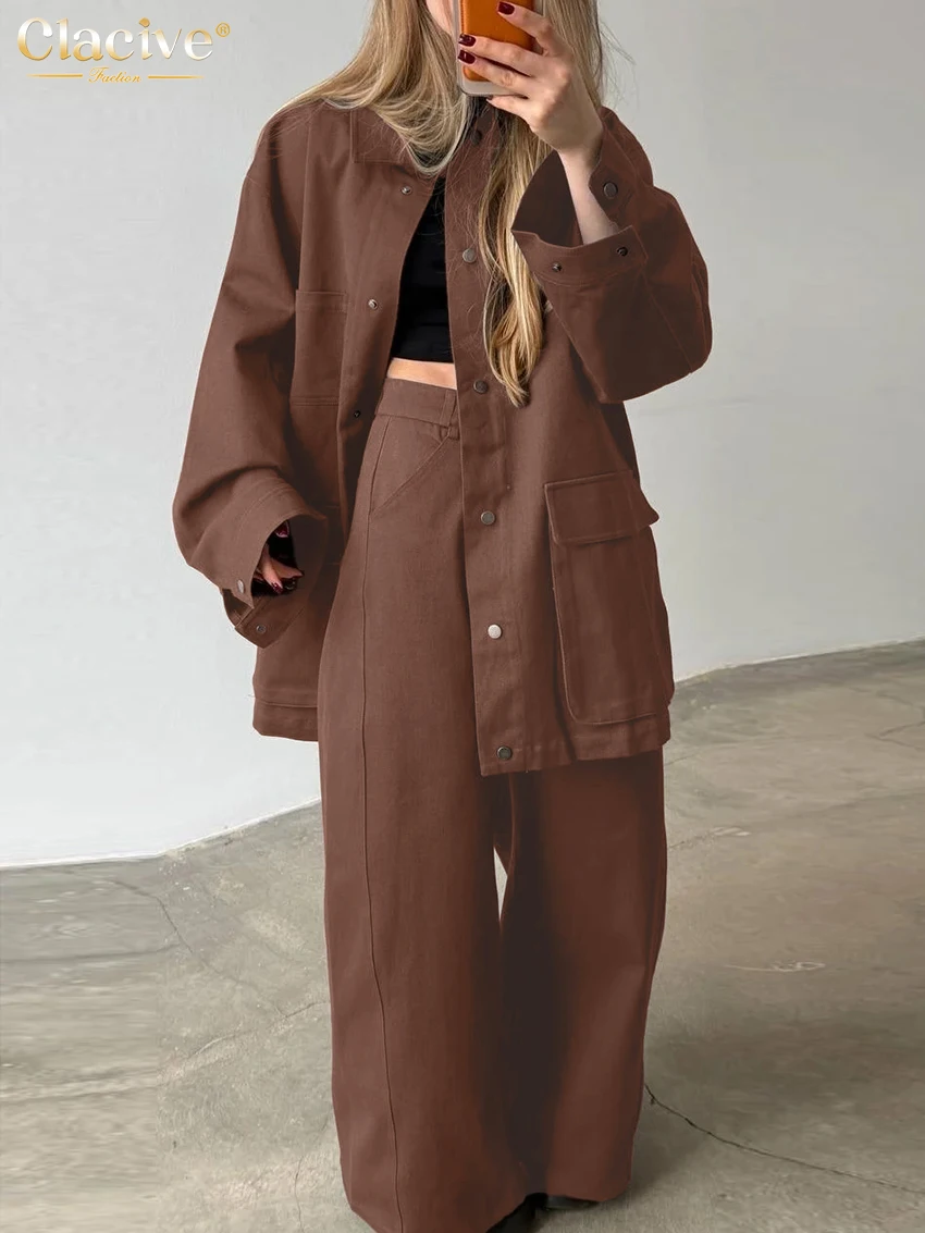 Clacive Set di pantaloni grigi larghi alla moda Set di 2 pezzi da donna elegante camicia a maniche lunghe con pantaloni larghi a vita alta Set di abbigliamento femminile