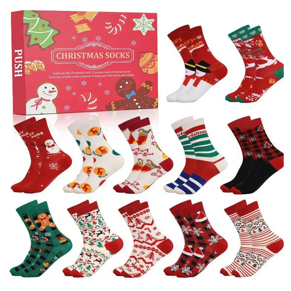 12/24Pairs  Christmas Stocking Advent Calendar 12/24 Days Of Socks 2024 Festive Holiday White Christmas Colorful Socks For Men