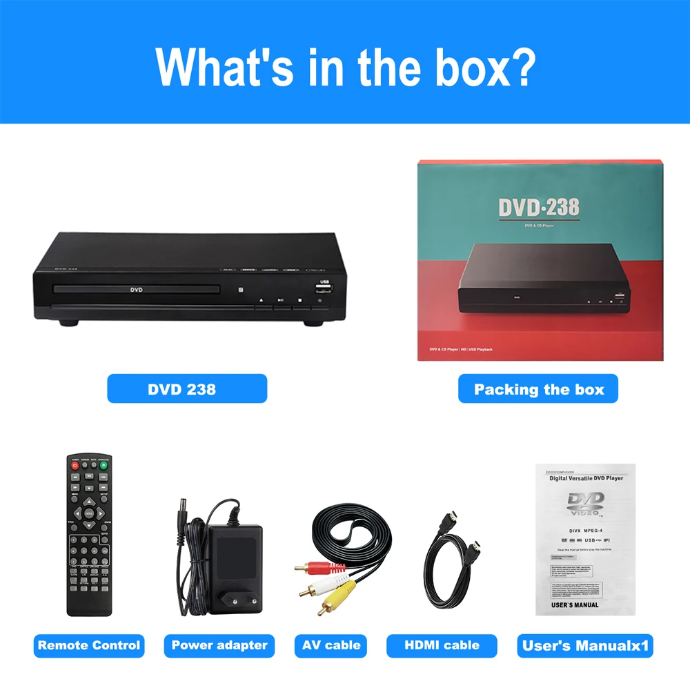 Woopker DVD Player DVD-238 HD Multimedia Digital DVD/CD/MP3/MP4//VCD Player supports HDMI and RCA cable home theater systems