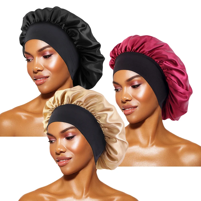 Dames Satijn Effen Mutsen Breedgerande Nachtrust Badmuts Unisex Hoofdwikkel Elastische Band Cap Haarverzorging Motorkap